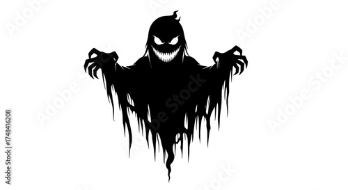 Spooky silhouette of a terrifying ghost with glowing eyes and jagged claws emerging from the darkness for halloween