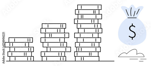 Growing stacks of coins lead to a money bag, symbolizing financial growth, wealth, and savings. Ideal for finance, investment, income, profit, budgeting planning simple flat metaphor