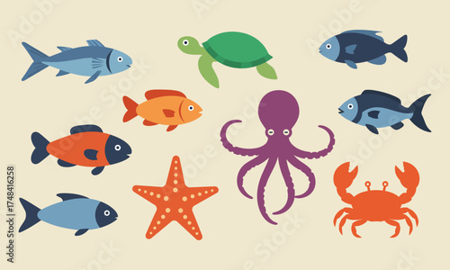 Pixelated sea creatures swimming together in a vibrant ocean ecosystem illustration