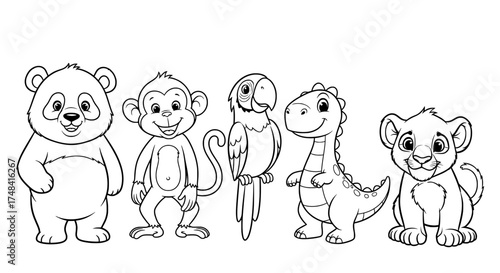 Charming hand drawn outline illustration of a friendly cartoon bear monkey parrot dragon and lion cub standing together in a line for coloring