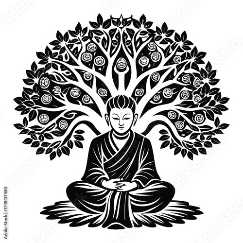 Peaceful Buddha Meditating Under Bodhi Tree Silhouette Graphic Illustration on White Background