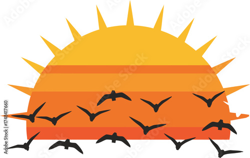 Birds flying at sunset; stylized sun vector illustration design