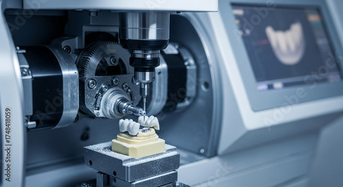 Hightech dental milling machine precisely carving ceramic crown for tooth, showcasing advanced technology in modern dentistry and prosthodontics