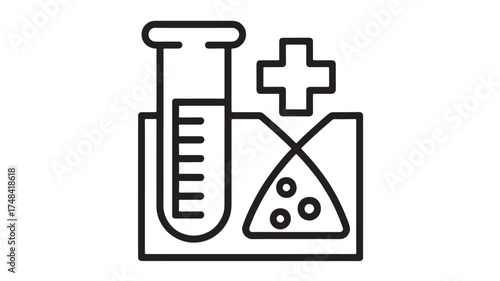 Simple line art icon representing scientific research with test tubes and a plus sign.