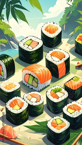 Wallpaper Mural Colorful sushi assortment on a tropical background Torontodigital.ca