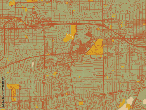 Photos Abstract flat-design map of Arcadia, California, featuring olive backdrop with warm rust street network and ochre blocks