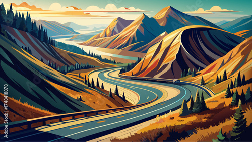 Very beautiful hairpin bend on steep corner of Chumstick Highway in rural Chelan County, Washington, vector-style landscape emphasizing dynamic curves and rugged mountain charm.