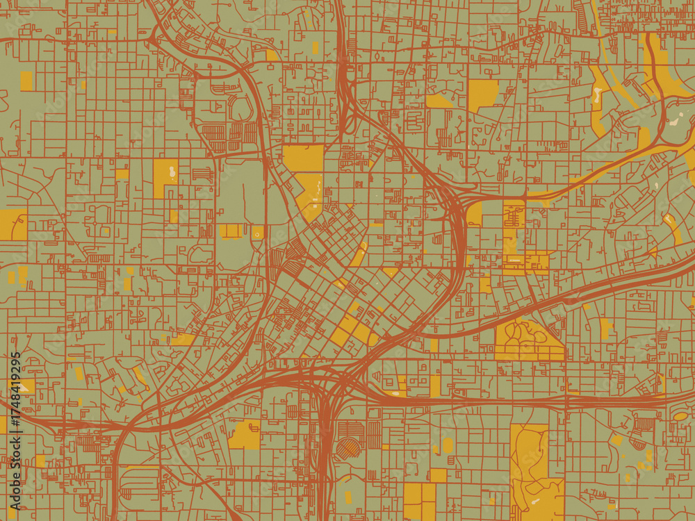 Fototapeta premium Graphic flat color map of Atlanta center, Georgia in earthy sage background with rust roadways and ochre details.