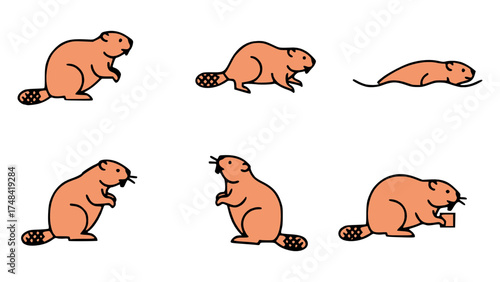 A collection of cartoon beavers in various poses and situations. The beavers have brown fur, and broad tails. The scene illustrates a diverse range of beaver activities