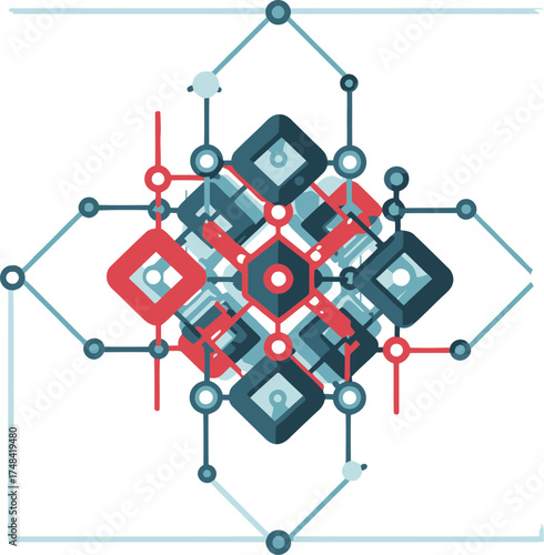Geometric abstract arrangement of interconnected shapes on white
