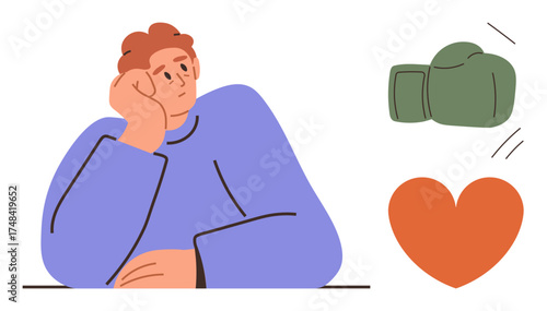 Person resting head on hand, thinking, with a green boxing glove and orange heart nearby. Ideal for emotions, decision-making, inner conflict, relationships, psychology, self-reflection simplicity
