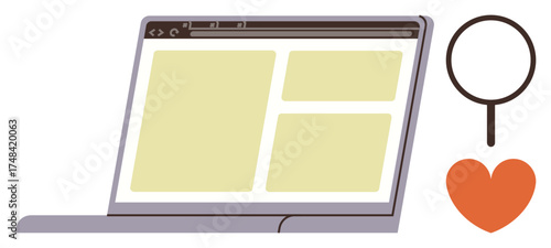 Browser window with website layout, magnifying glass symbolizing search, and heart shape for favoriting or liking. Ideal for digital content, web design, search engines, user engagement, online