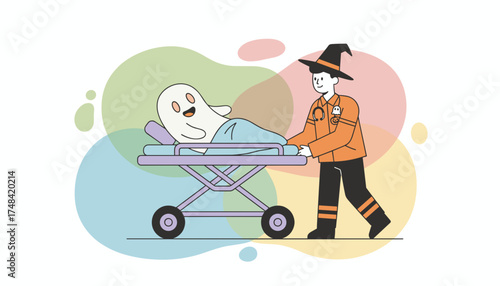 Halloween medic pushes happy ghost on gurney Spooky healthcare concept illustration