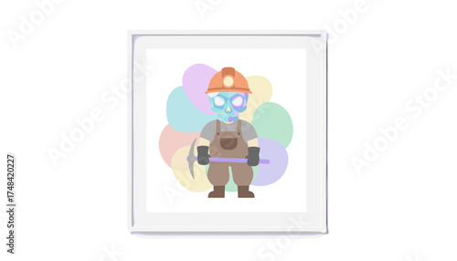 Digital illustration of a skull miner character with glowing eyes hard hat and pickaxe Vector art