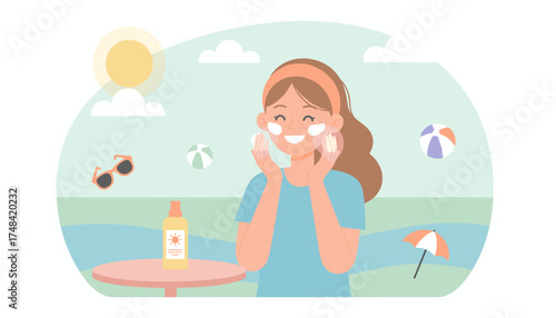 Smiling woman applies sun cream promoting healthy summer skincare and sun protection