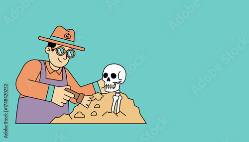 Cartoon archaeologist carefully unearthing a skeleton from sandy ground Discovery history science