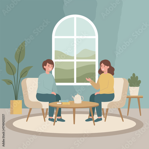 Smiling women chat over tea in a cozy living room Friendship relaxed discussion home comfort