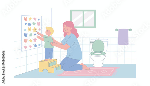 Supportive mom and toddler using reward chart for potty training in a clean bathroom