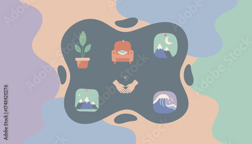 Conceptual illustration of wellbeing mindfulness and a balanced lifestyle with nature and selfcare