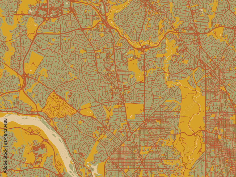 Fototapeta premium Vector-style flat map of Bethesda, Maryland with earthy sage background with rust roadways and ochre details.