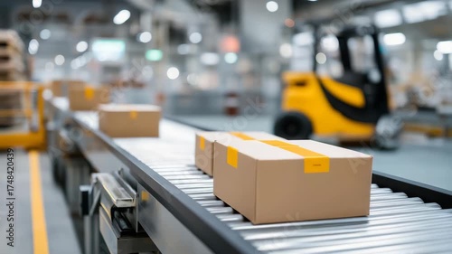 Workers monitor a robotic packing system in a warehouse, with boxes sealing, conveyors humming, a digital dashboard updating, and a forklift waiting nearby, captured in a logistical photo with box