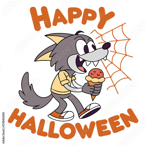 Happy Halloween Cute Cartoon Wolf Mascot Character with Ice Cream Cone – Spooky Spiderweb Fun, Trick or Treat, Fall Season Vector Illustration