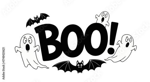 Cute cartoon ghosts and bats flying around the word boo isolated on transparent background