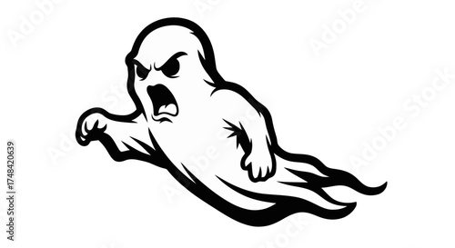 Furious white ghost character with open mouth and claws reaching out isolated on transparent background