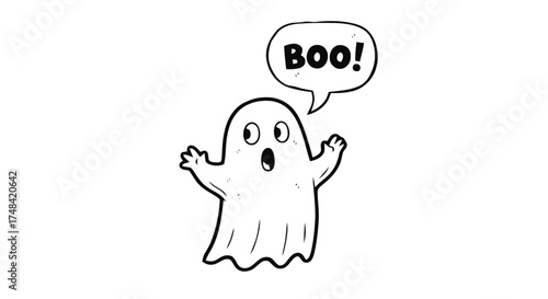 Cute cartoon ghost saying boo with wide eyes and open mouth isolated on transparent background