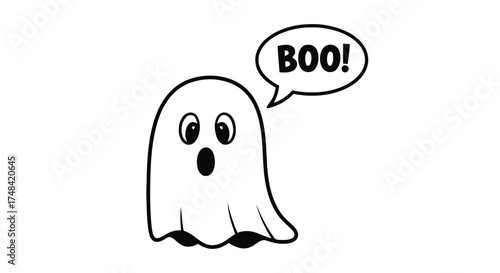 Cute cartoon ghost saying boo with a speech bubble isolated on transparent background