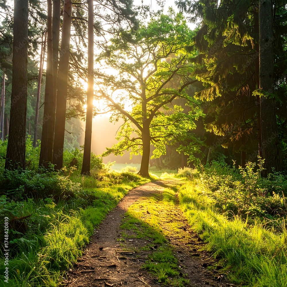 Obraz premium Sunlight streams through a forest path, illuminating a large oak tree