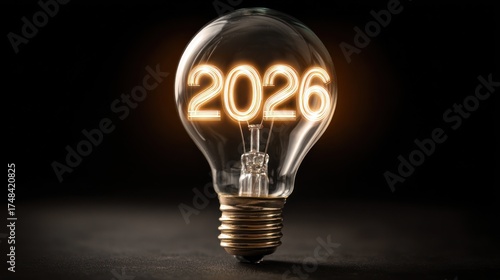 Glowing year 2026 inside a glass light bulb against a dark background
