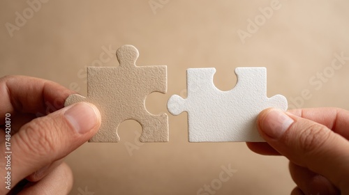 Two puzzle pieces being held together by human hands, ready to connect