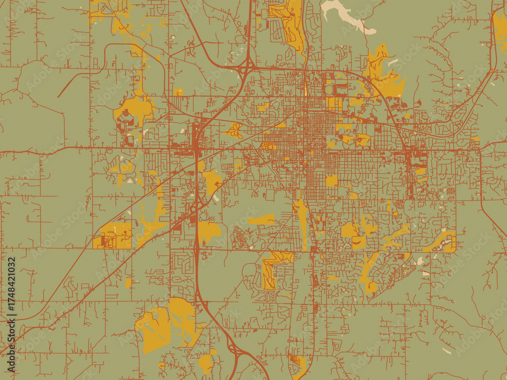 Fototapeta premium Graphic flat color map of Bloomington, Indiana in olive backdrop with warm rust street network and ochre blocks.
