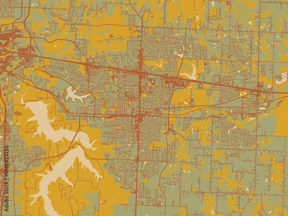 Obraz premium Poster-ready flat map of Blue Springs, Missouri, sage green ground with rust-red roads and ochre accents.