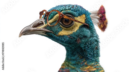Peacock head, wearing glasses, looks left against a white background