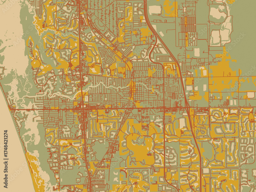 Obraz premium Stylized minimalist map of Bonita Springs, Florida in earthy sage background with rust roadways and ochre details.