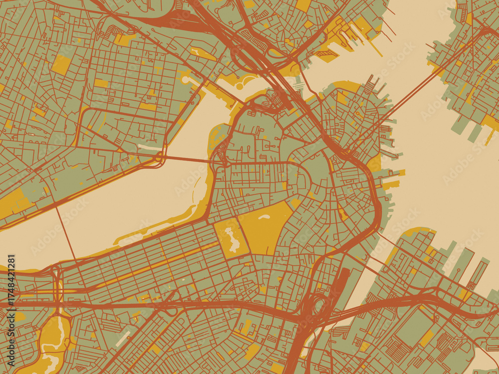 Fototapeta premium Decorative flat city map of Boston Center, Massachusetts using earthy sage background with rust roadways and ochre details.