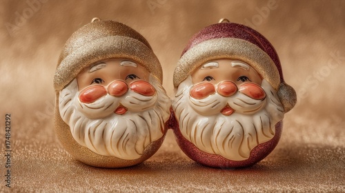 Two Santa ornament heads, golden and maroon, against a soft golden backdrop