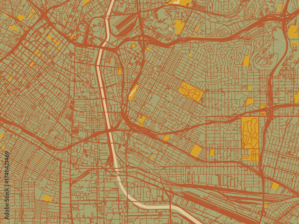 Obraz premium Stylized minimalist map of Boyle Heights, California in sage green ground with rust-red roads and ochre accents.