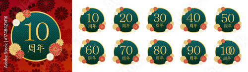 工字繋ぎ文様をあしらった緑地の周年記念ロゴセット｜菊と梅の花を添えた上品で格式ある和風アニバーサリーデザイン（10周年～100周年）