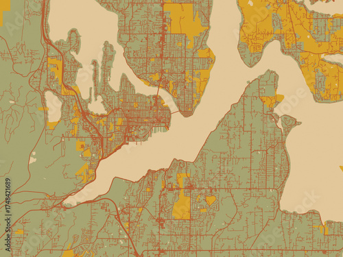 Abstract flat-design map of Bremerton, Washington, featuring sage green ground with rust-red roads and ochre accents.
