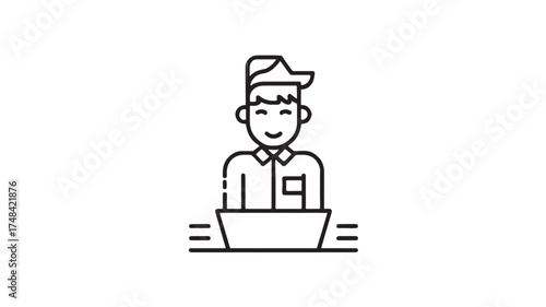 Smiling delivery person wearing a cap and working on a laptop