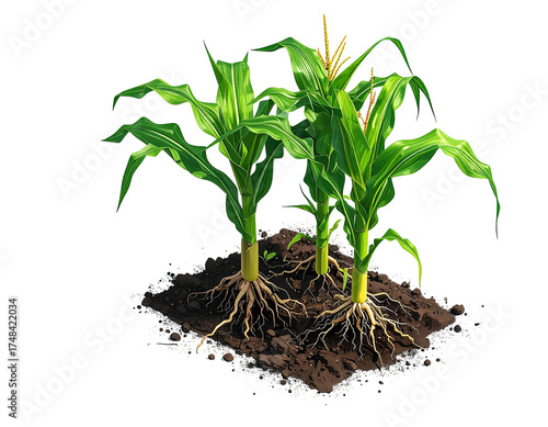 Three corn plants in soil