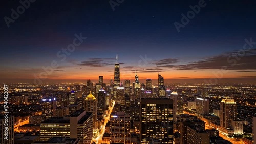Vibrant city skyline glowing under warm sunset sky with bright urban lights and tall buildings.