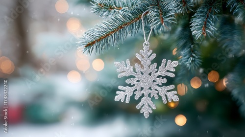 Glistening Snowflake Ornament Hanging Delicately on a Christmas Tree Branch with Soft Bokeh Lights in the Background During a Tranquil Winter Season