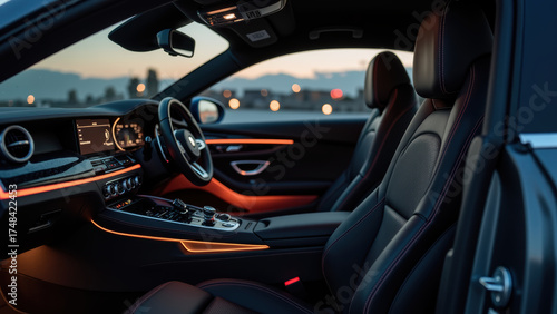 Sleek interior of luxury car featuring leather seats, modern dashboard, ambient lighting, and stylish design