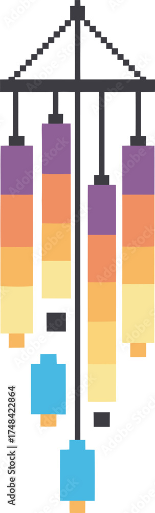 Fototapeta premium Pixelated wind chime in multiple colors hanging on white background