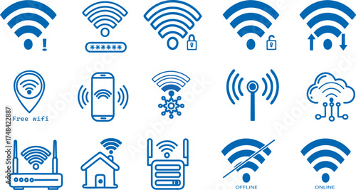 Icon wifi signal. Wireless internet symbol. Set of sign for connect of network. Bar of satellites for mobile, radio, computer. Hotspot, strength electronic wave from antenna for communication. Vector