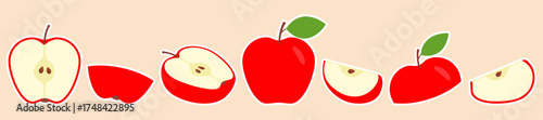 Red apples collection. Whole, half and slices of apple. Fruits sticker set. Vector illustration isolated.